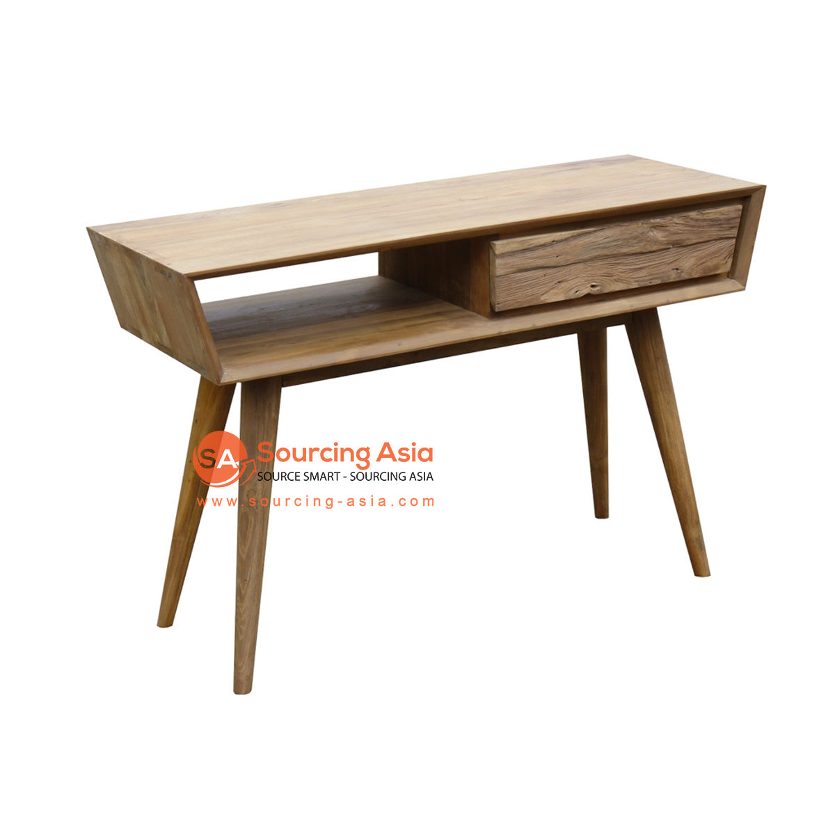 ECL321 NATURAL RECYCLED TEAK WOOD ONE OPEN SHELF AND DRAWER RETRO DESK