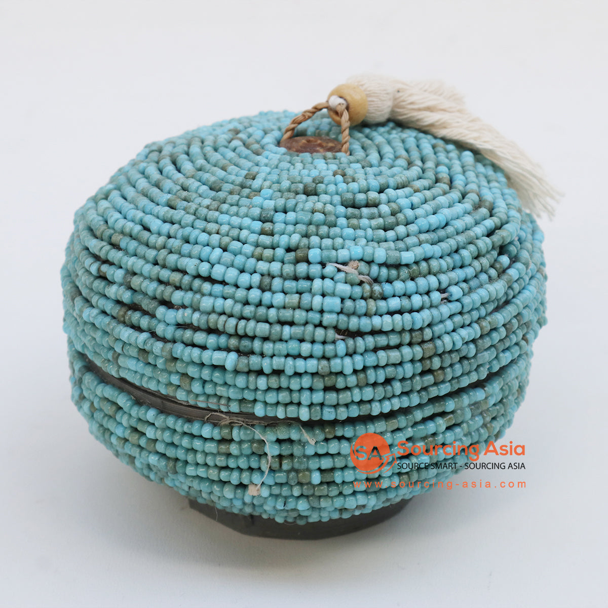 EXAC002 TURQUOISE BEADED ROUND BOX WITH LID AND TASSEL