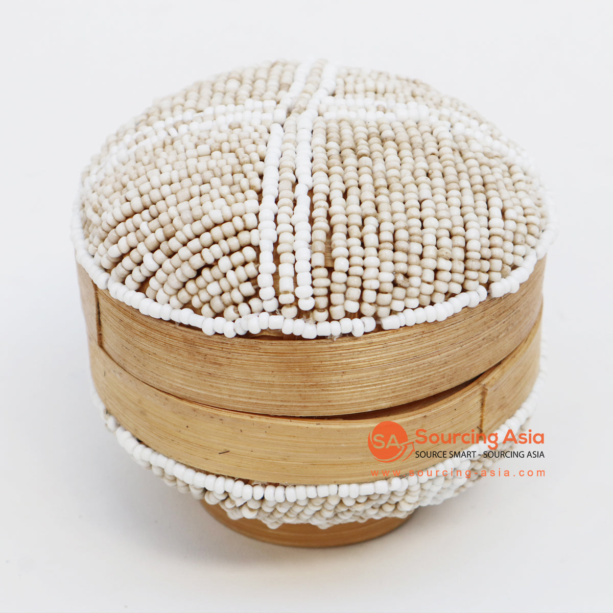 EXAC003-3 NATURAL BAMBOO AND WHITE BEADED ROUND BOX WITH LID