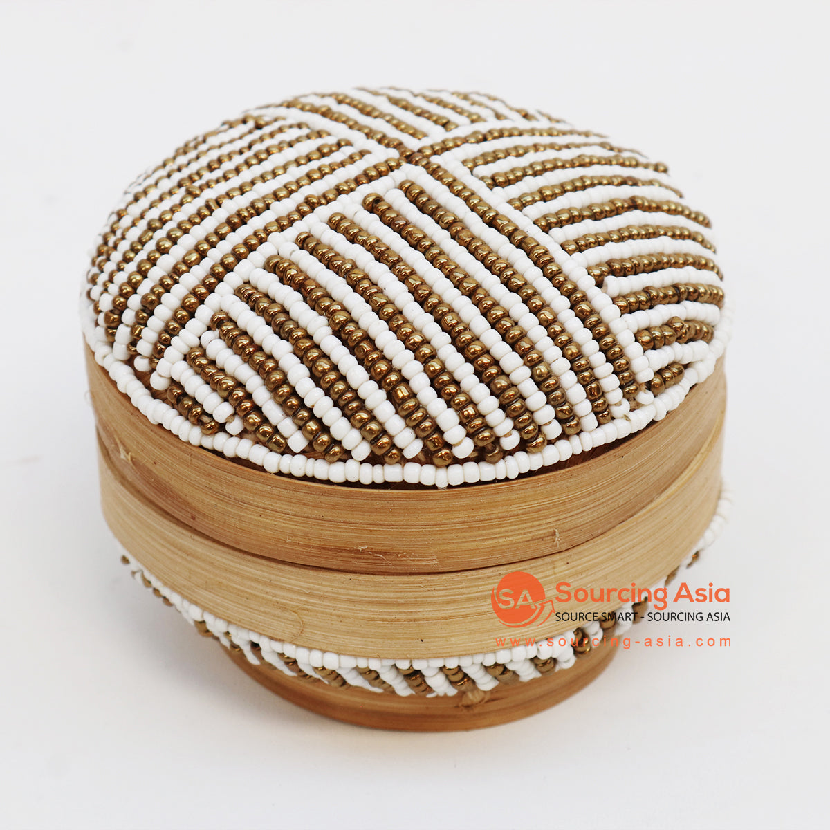 EXAC003-4 NATURAL BAMBOO WITH BROWN AND WHITE BEADED ROUND BOX WITH LID