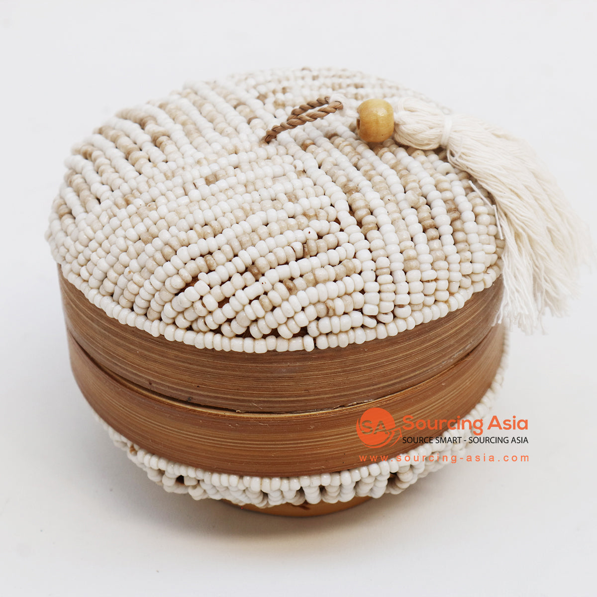 EXAC003-6 NATURAL BAMBOO AND WHITE BEADED ROUND BOX WITH LID AND TASSEL