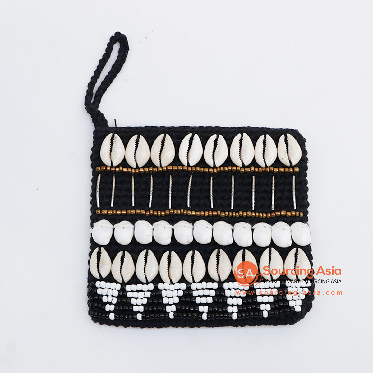 EXAC004-1 MULTICOLOR BEADS AND SHELL PATTERNED BLACK MACRAME PURSE