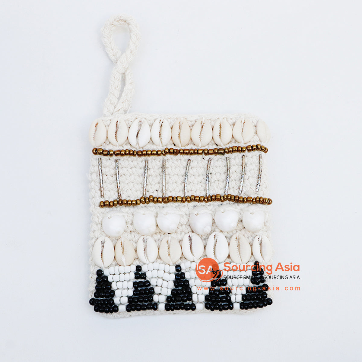 EXAC004-2 MULTICOLOR BEADS AND SHELL PATTERNED WHITE MACRAME PURSE