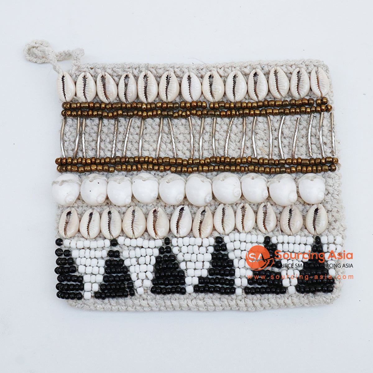 EXAC004-4 MULTICOLOR BEADS AND SHELL PATTERNED WHITE MACRAME PURSE