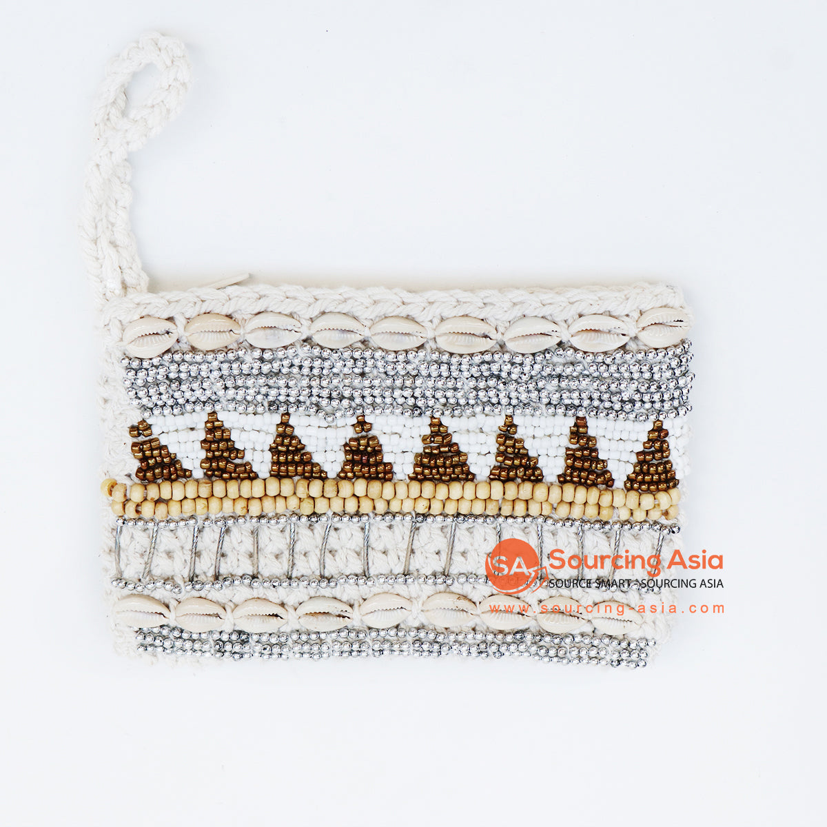 EXAC004 MULTICOLOR BEADS AND SHELL PATTERNED WHITE MACRAME PURSE