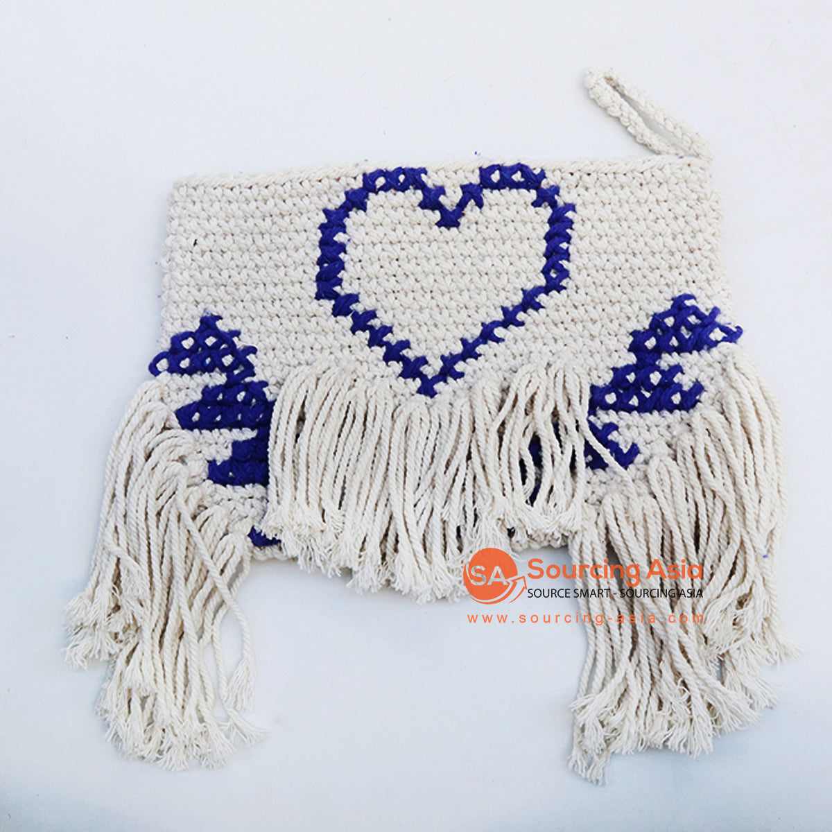 EXAC008 WHITE MACRAME AND BLUE BEADS PATTERNED PURSE