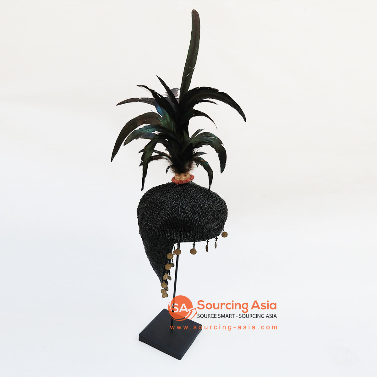 EXAC009-1 BLACK FEATHER PAPUA CEREMONIAL HEADDRESS ON STAND DECORATION