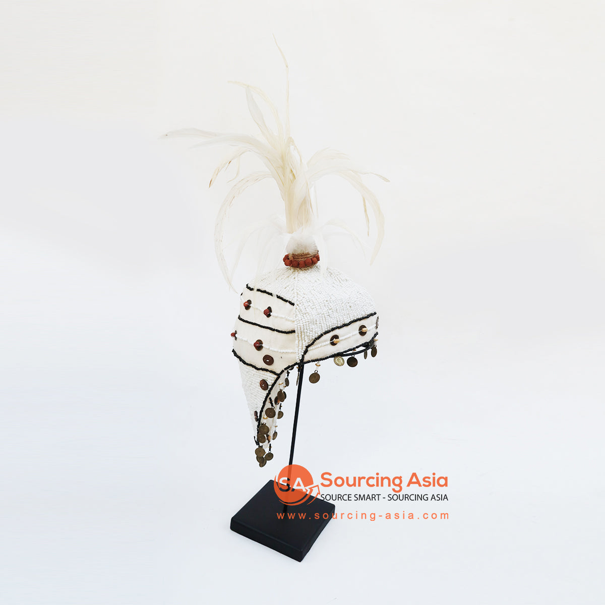 EXAC009-2 WHITE FEATHER AND BLACK BEADS PAPUA CEREMONIAL HEADDRESS ON STAND DECORATION