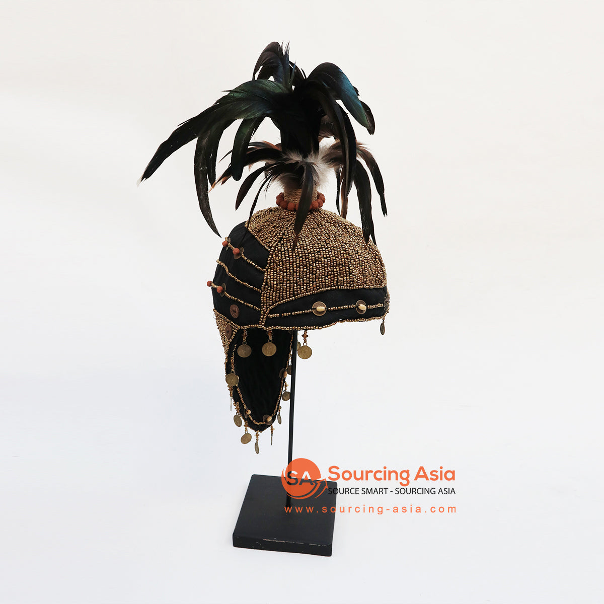 EXAC009-3 BLACK FEATHER AND BEADS PAPUA CEREMONIAL HEADDRESS ON STAND DECORATION