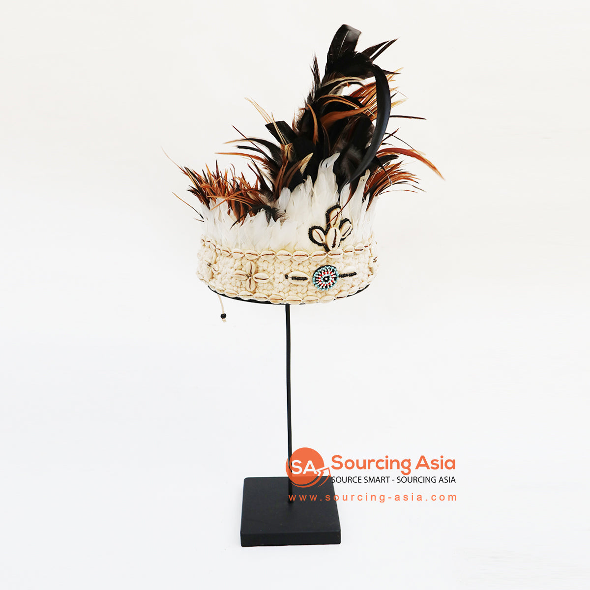 EXAC011 MULTICOLOR FEATHER PAPUA CEREMONIAL HEADDRESS ON STAND DECORATION