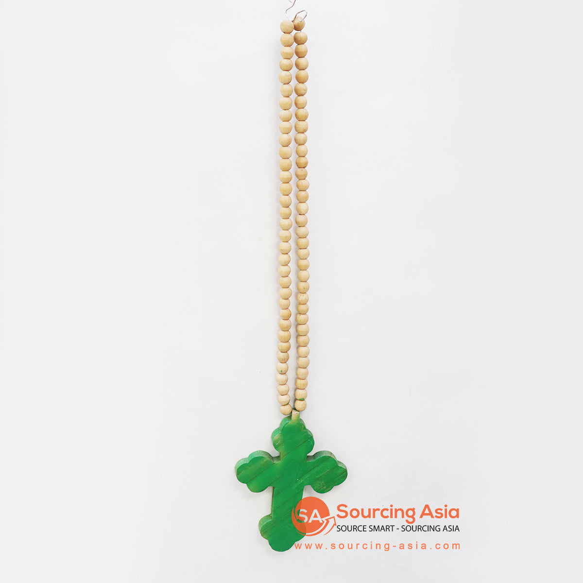 EXAC023-1 WOODEN BEADED NECKLACE WITH GREEN CROSS DECORATION
