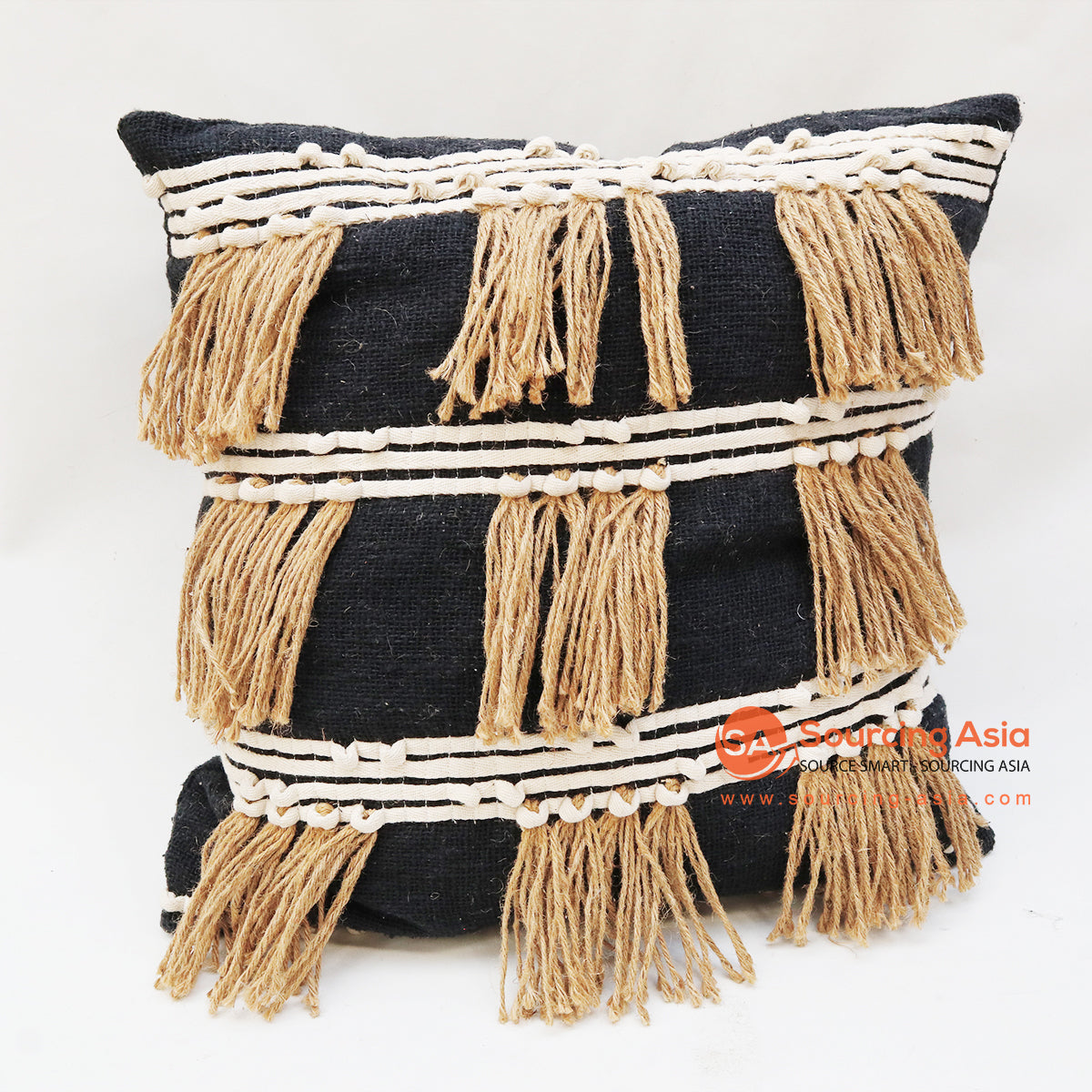 EXAC027 BLACK FABRIC CUSHION WITH SHELL AND NATURAL FRINGE (PRICE WITHOUT INNER)