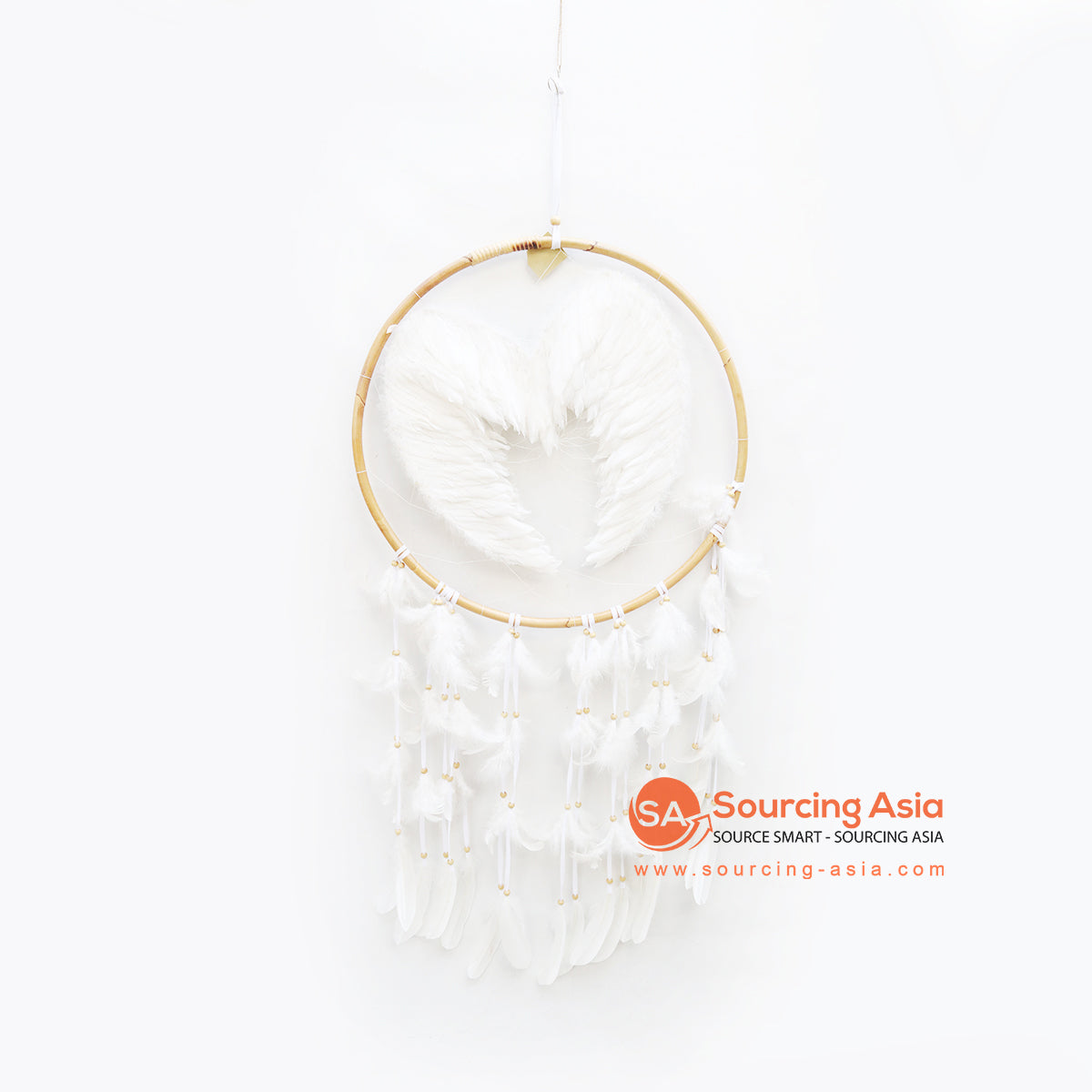 EXAC045 WHITE FEATHER AND NATURAL RATTAN DREAM CATCHER