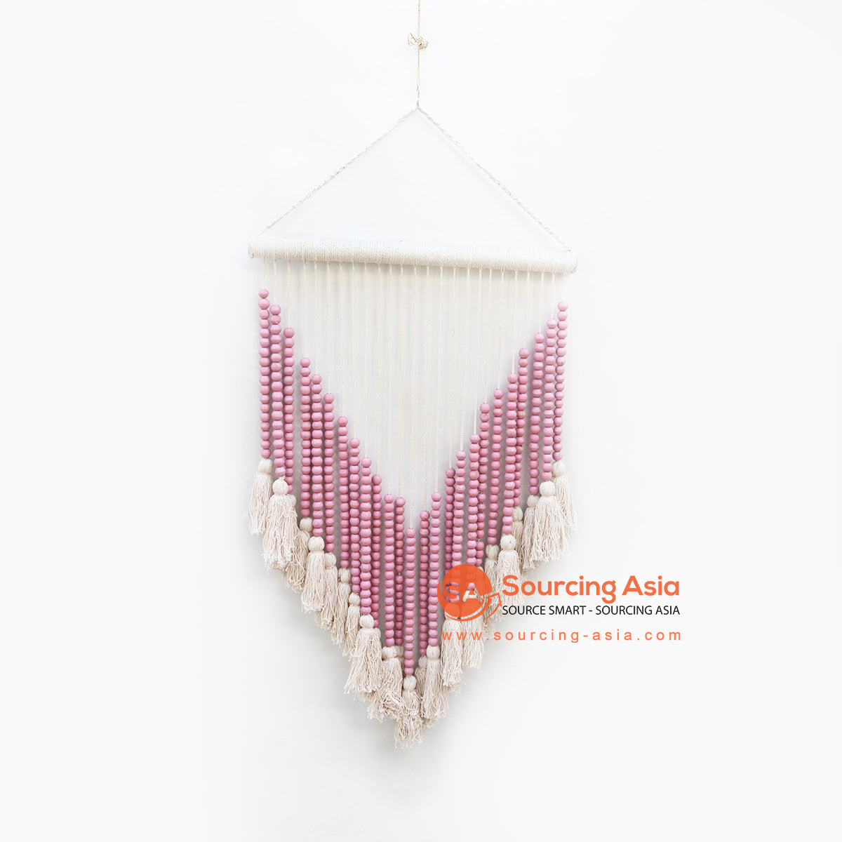 EXAC049 PINK TIMBER BEADS AND WHITE TASSEL WALL DECORATION