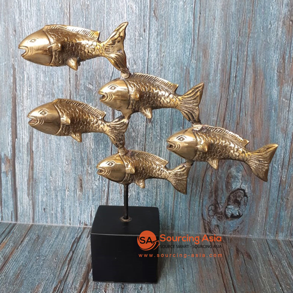 GB133 FIVE BRASS FISHES ON STAND DECORATION