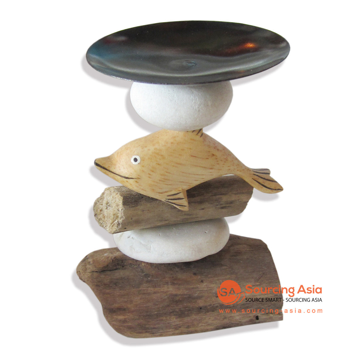 HAN004DOL NATURAL WOODEN AND IRON DOLPHIN CANDLE HOLDER DECORATION