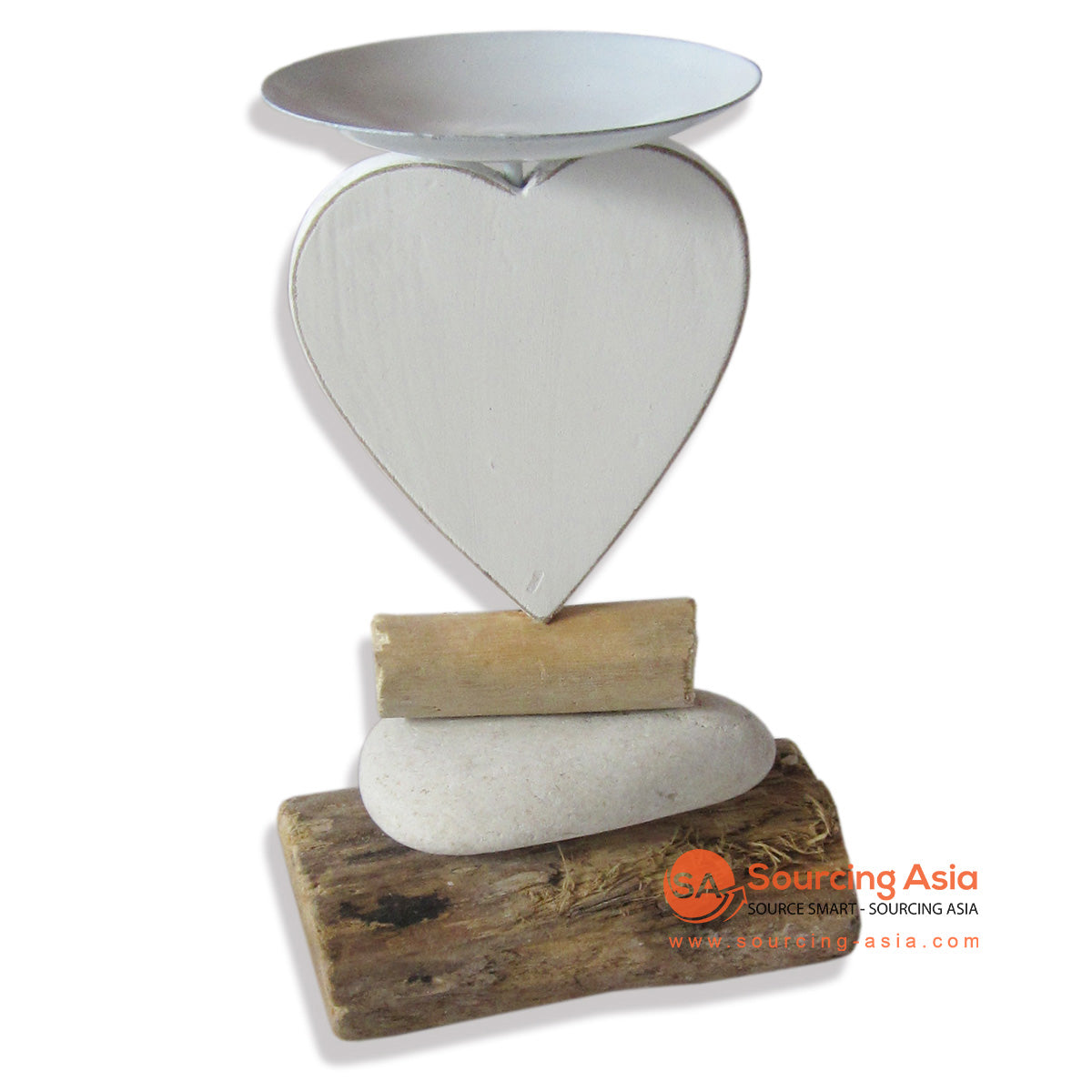 HAN004HRT WHITE WOODEN AND IRON HEART CANDLE HOLDER DECORATION