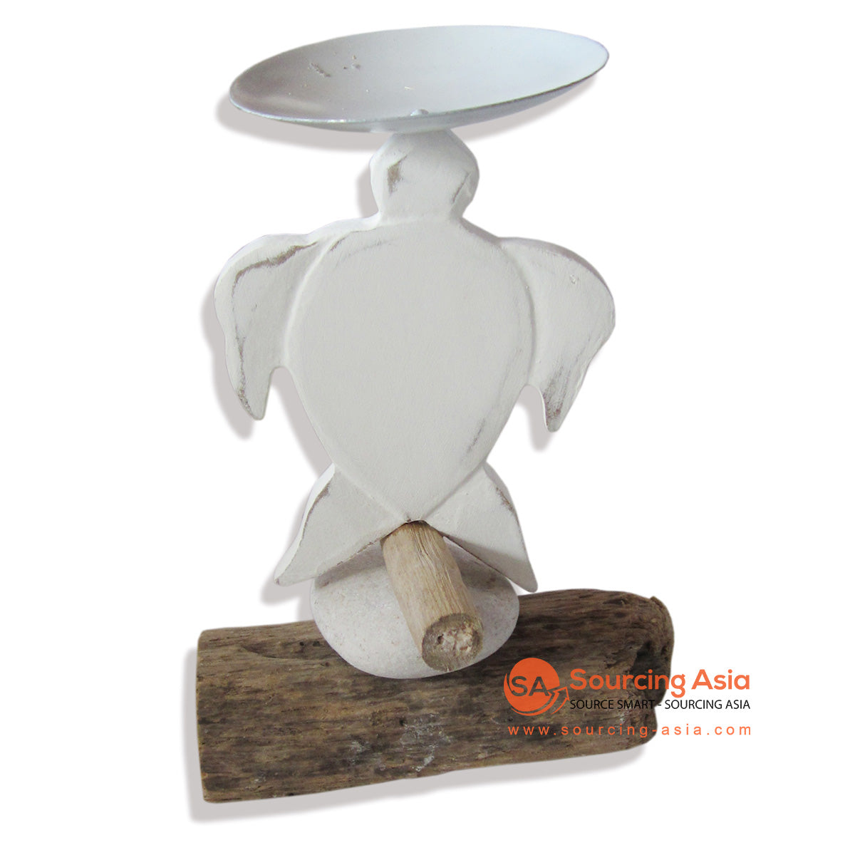HAN004TUR WHITE WOODEN AND IRON TURTLE CANDLE HOLDER DECORATION