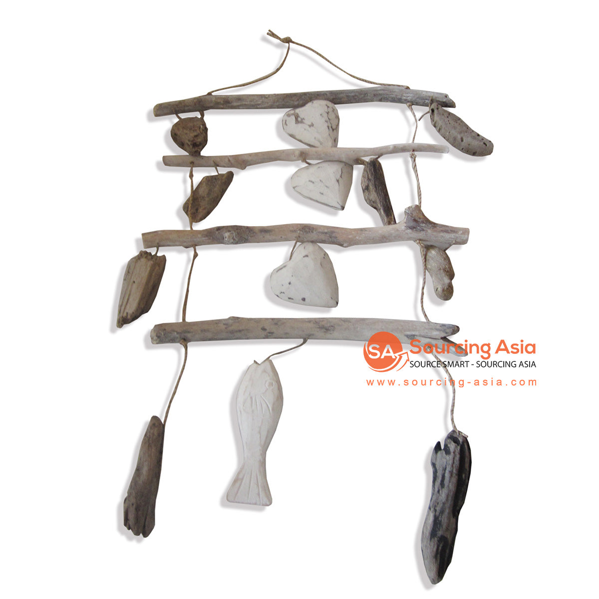 HAN017 NATURAL DRIFTWOOD WITH WHITE HEART AND FISH HANGING DECORATION