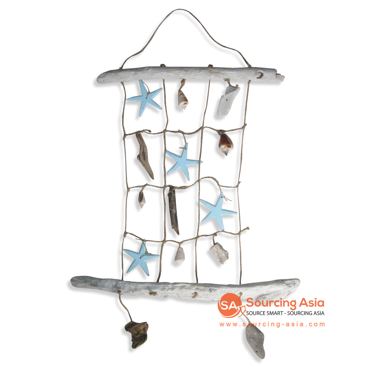 HAN018-1 NATURAL DRIFTWOOD AND SHELL WITH TURQUOISE WOODEN STAR HANGING DECORATION