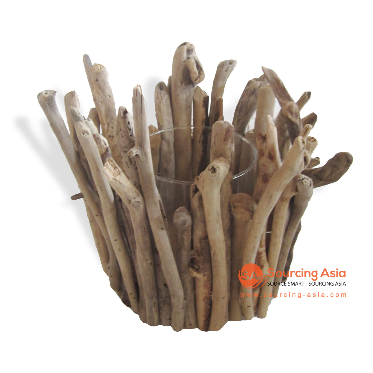 HAN029 NATURAL DRIFTWOOD ROUND CANDLE HOLDER WITH GLASS