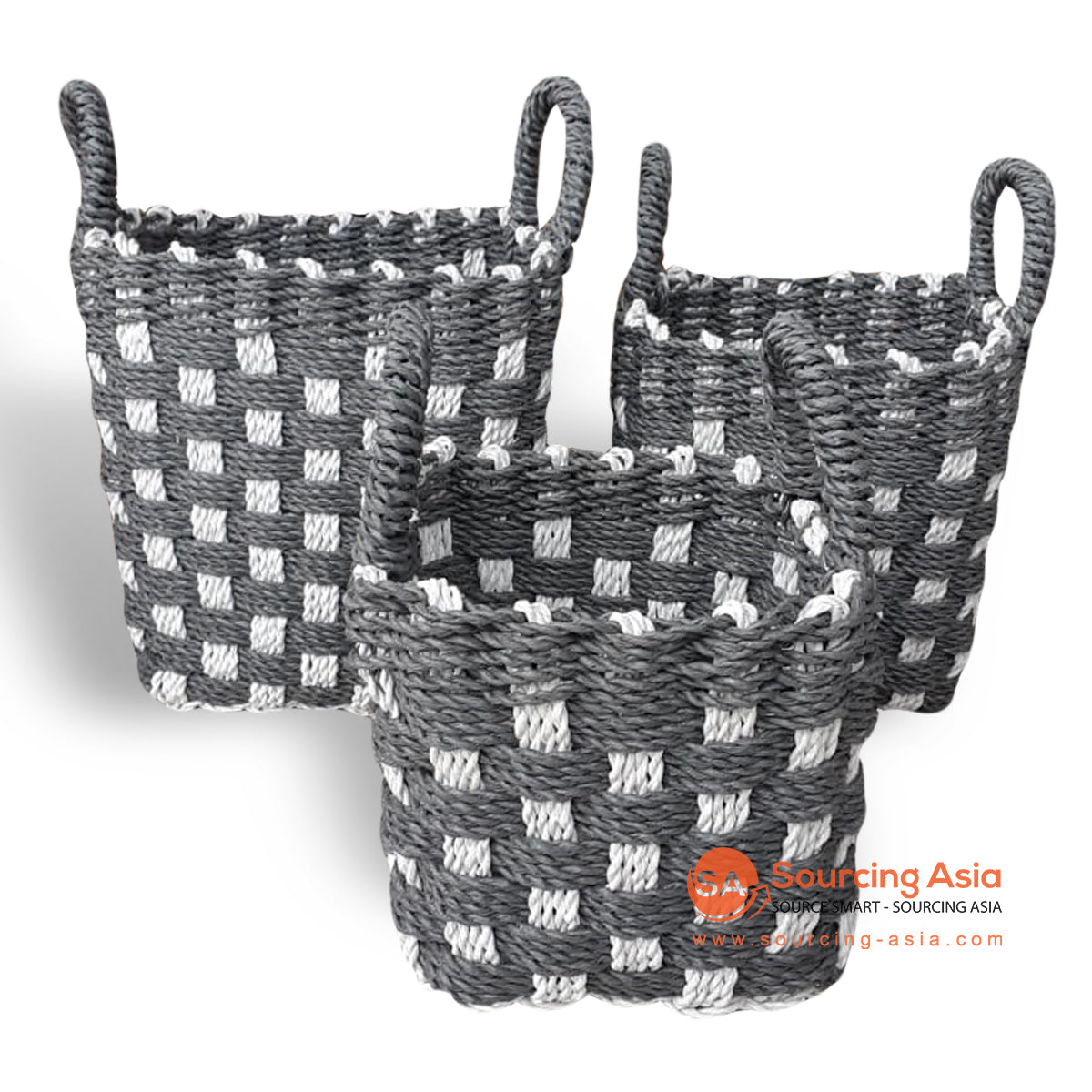 HBS076 SET OF THREE BLACK AND WHITE SYNTHETIC RAFFIA BASKETS WITH HANDLE
