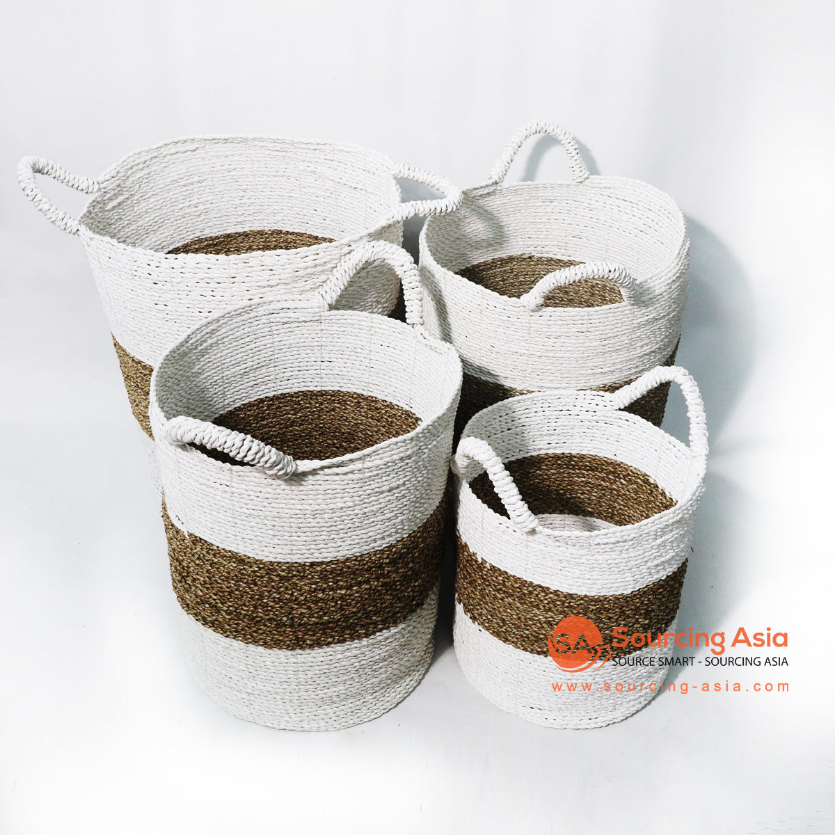 HBS131 SET OF FOUR BROWN AND WHITE SEA GRASS BASKETS