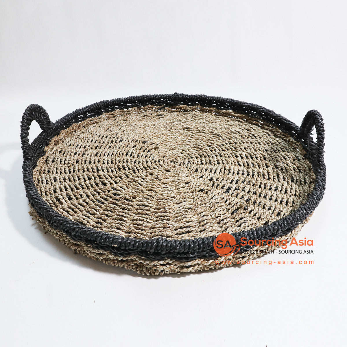 HBSC024-1 NATURAL AND BLACK TRIM SEA GRASS TRAY WITH HANDLE