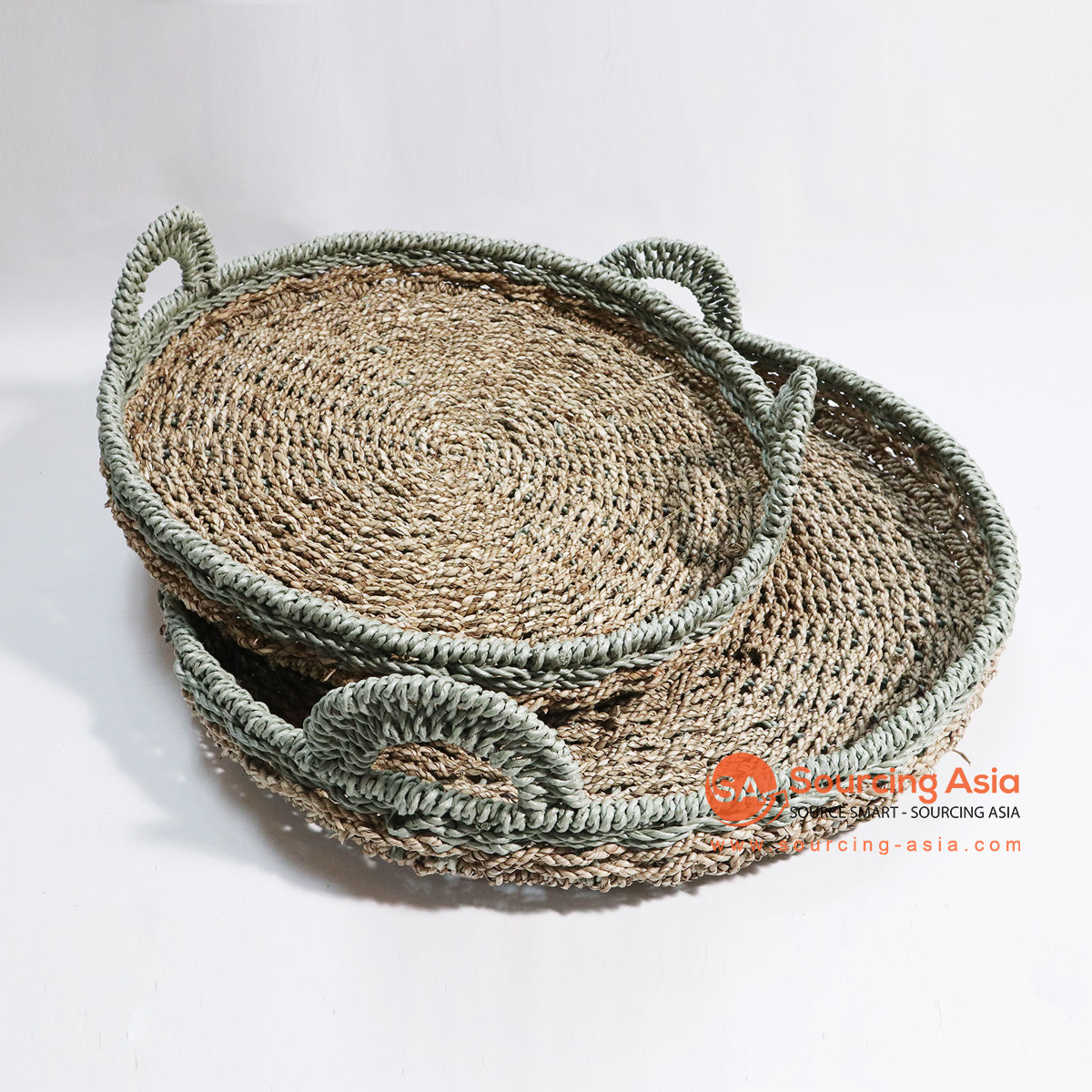 HBSC024 SET OF TWO NATURAL AND OLIVE GREEN TRIM SEA GRASS TRAYS WITH HANDLE