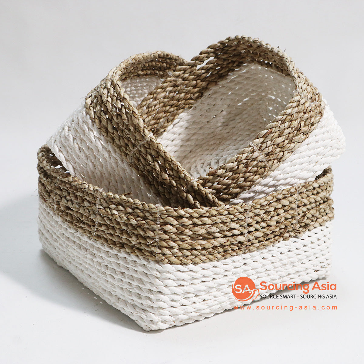HBSC030-1 SET OF THREE WHITE AND NATURAL SEAGRASS BOX BASKETS