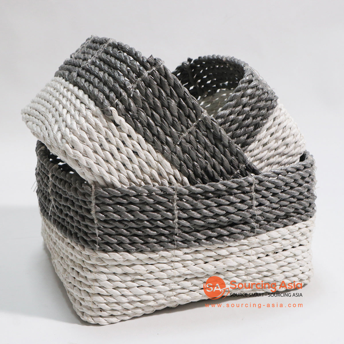 HBSC030-4 SET OF THREE WHITE AND BLACK SYNTHETIC RAFFIA BOX BASKETS