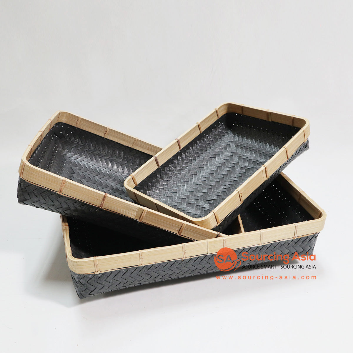 HBSC035-1 SET OF THREE SYNTHETIC RATTAN AND BLACK BAMBOO TRAYS