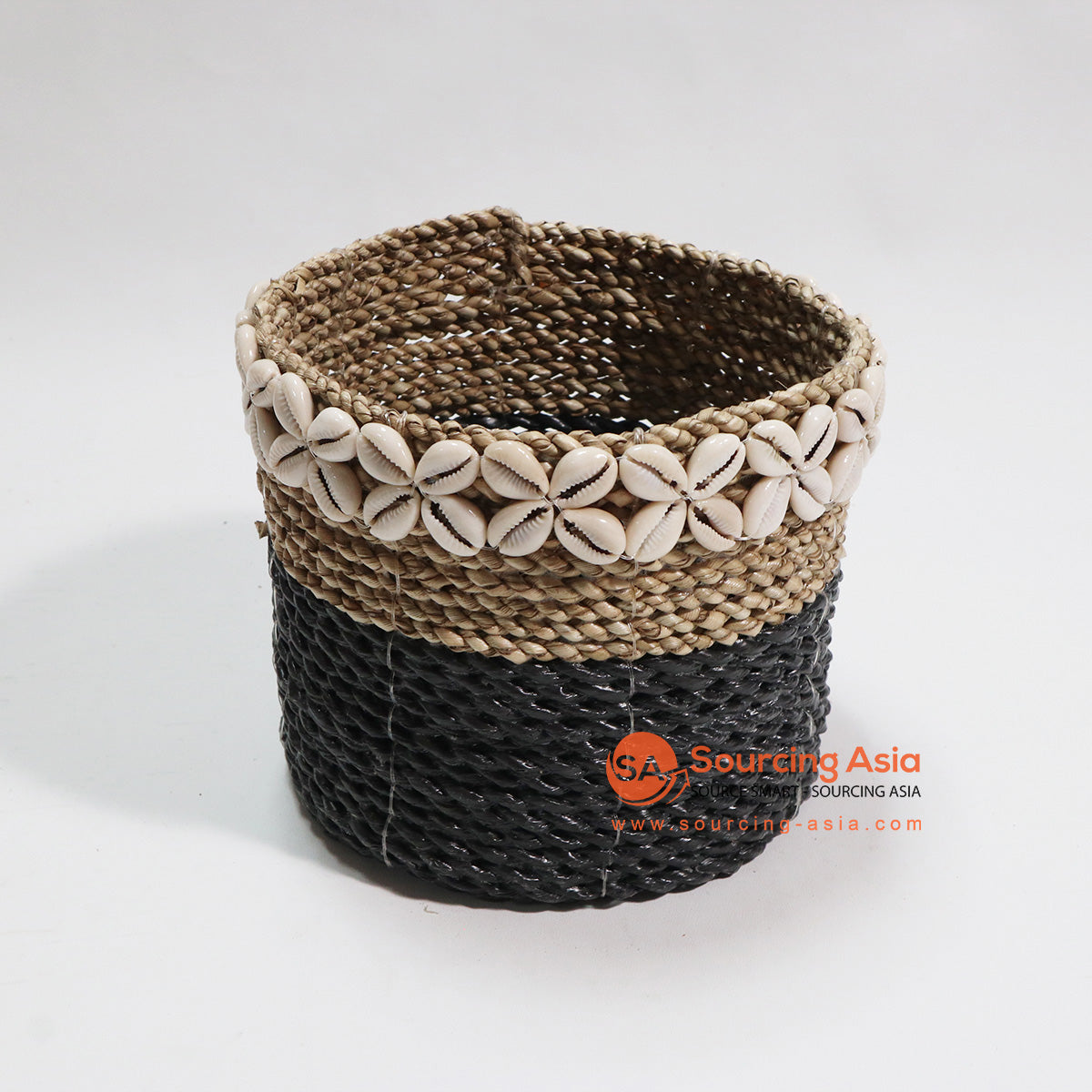 HBSC039 NATURAL AND BLACK SEA GRASS MINI PLANT BASKET WITH SHELL DECORATION