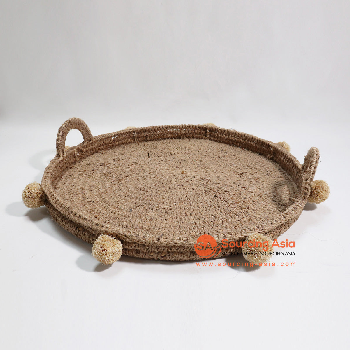 HBSC042-1 BROWN AGEL ROUND DECORATIVE TRAY WITH HANDLE AND POMS