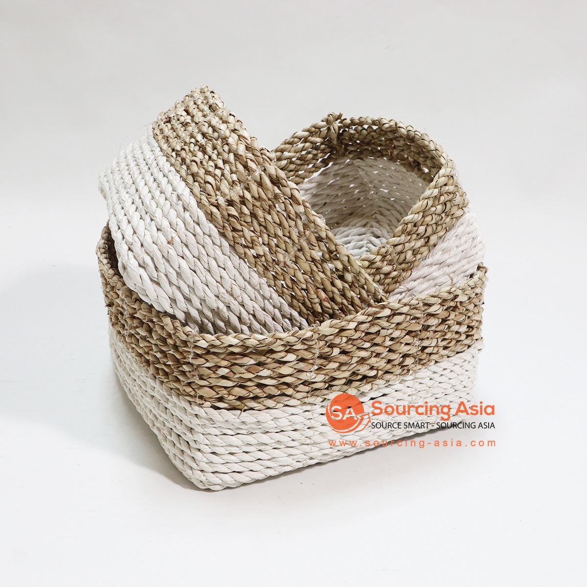 HBSC047-4 SET OF THREE WHITE AND NATURAL SEAGRASS SQUARE TRINKET BASKETS