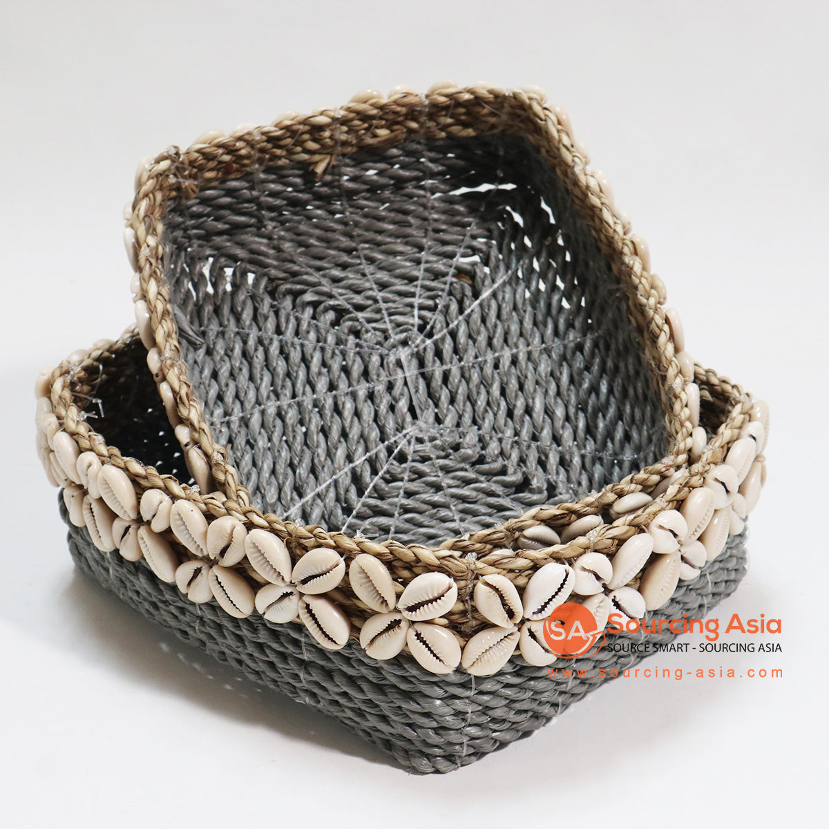 HBSC048-3 SET OF THREE GREY SEAGRASS SQUARE TRINKET BASKETS WITH SHELL