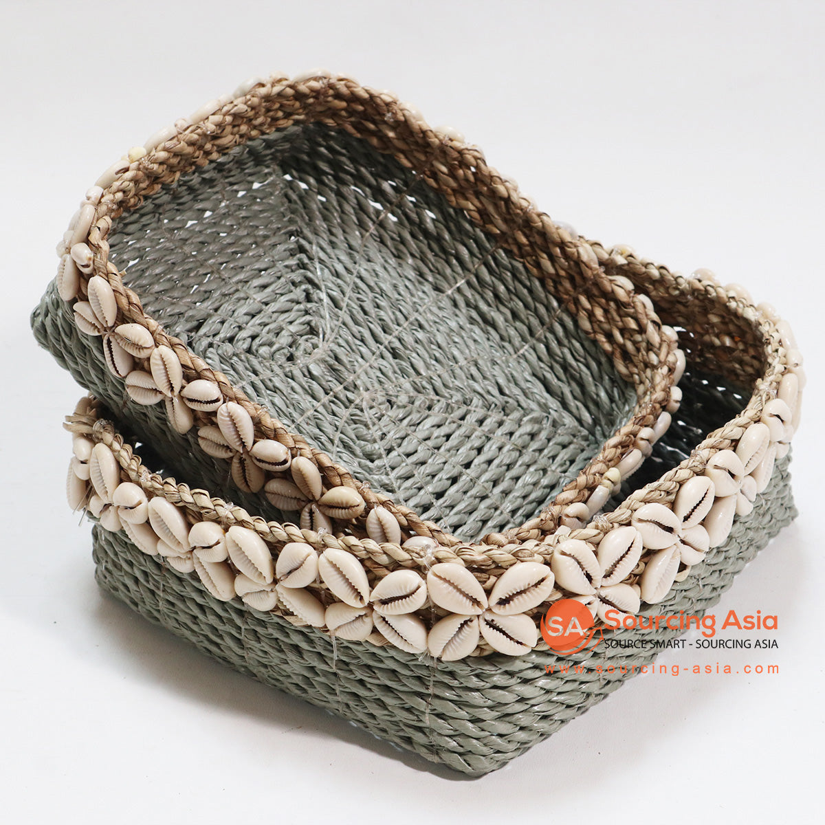 HBSC048 SET OF TWO LIGHT GREY SEAGRASS SQUARE TRINKET BASKETS WITH SHELL