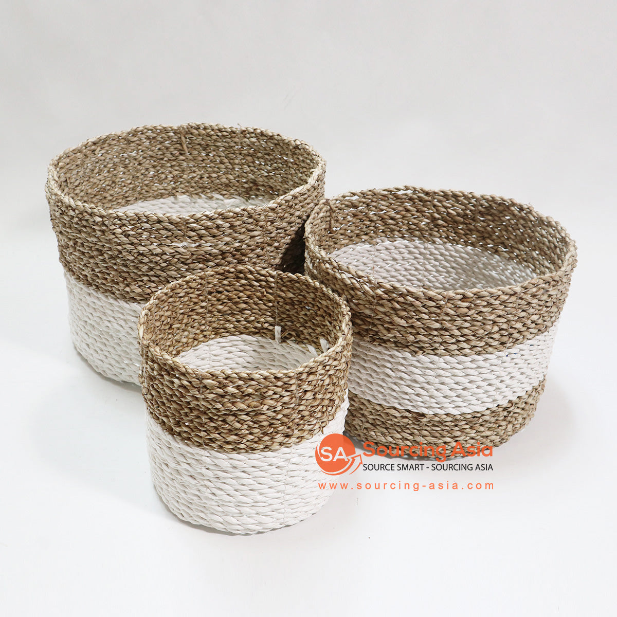 HBSC049-3 SET OF THREE NATURAL AND WHITE SEAGRASS MINI POT BASKETS