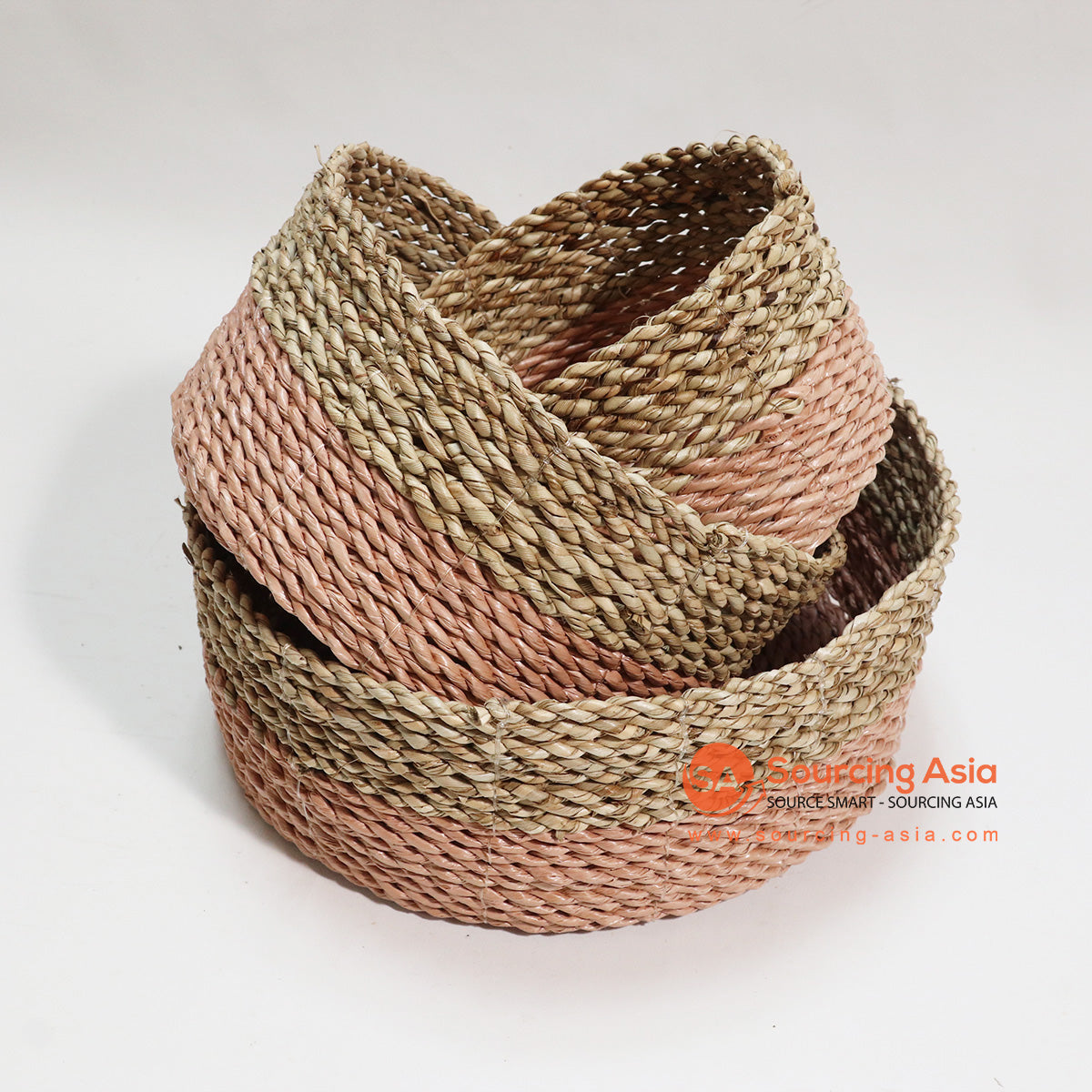 HBSC051-2 SET OF THREE NATURAL AND PINK ROUND BASKETS