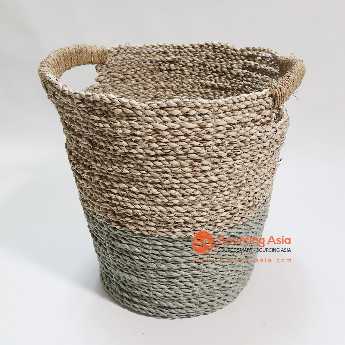 HBSC070 NATURAL AND OLIVE GREEN SEAGRASS ROUND WASTE PAPER BASKET WITH HANDLE