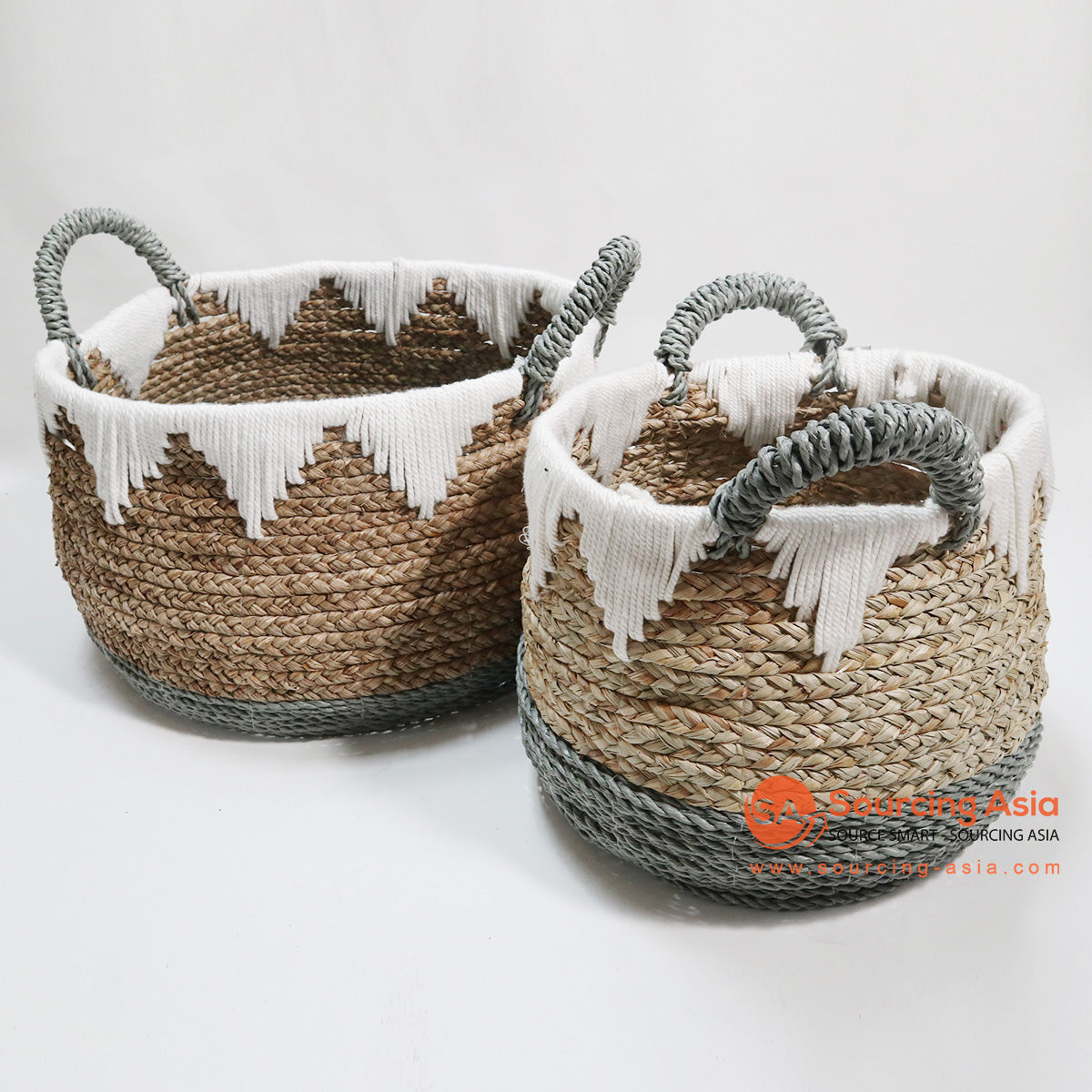 HBSC074 SET OF TWO GREY AND NATURAL MENDONG AND MACRAME BASKETS