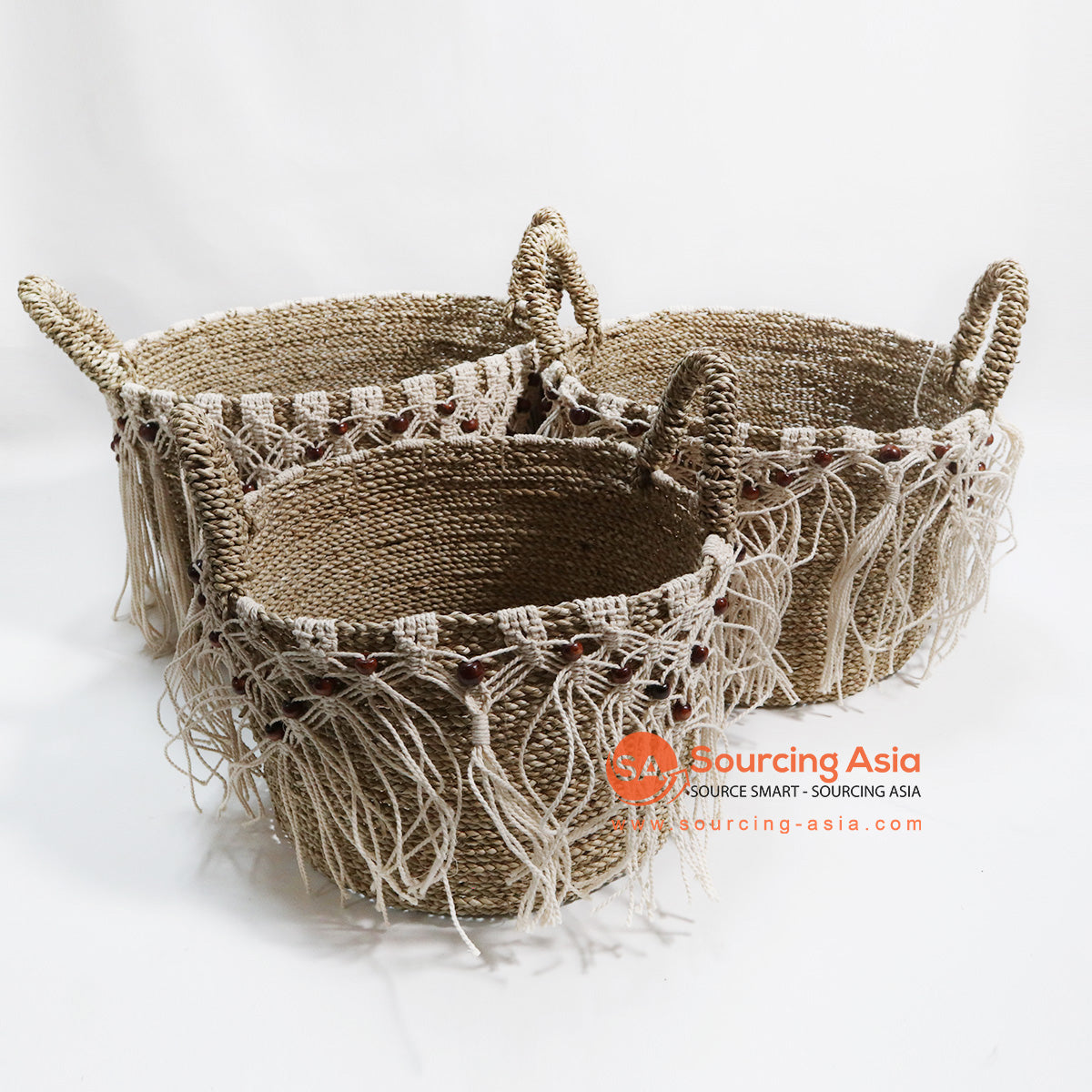 HBSC077 SET OF THREE NATURAL AGEL AND MACRAME BEADED BASKETS