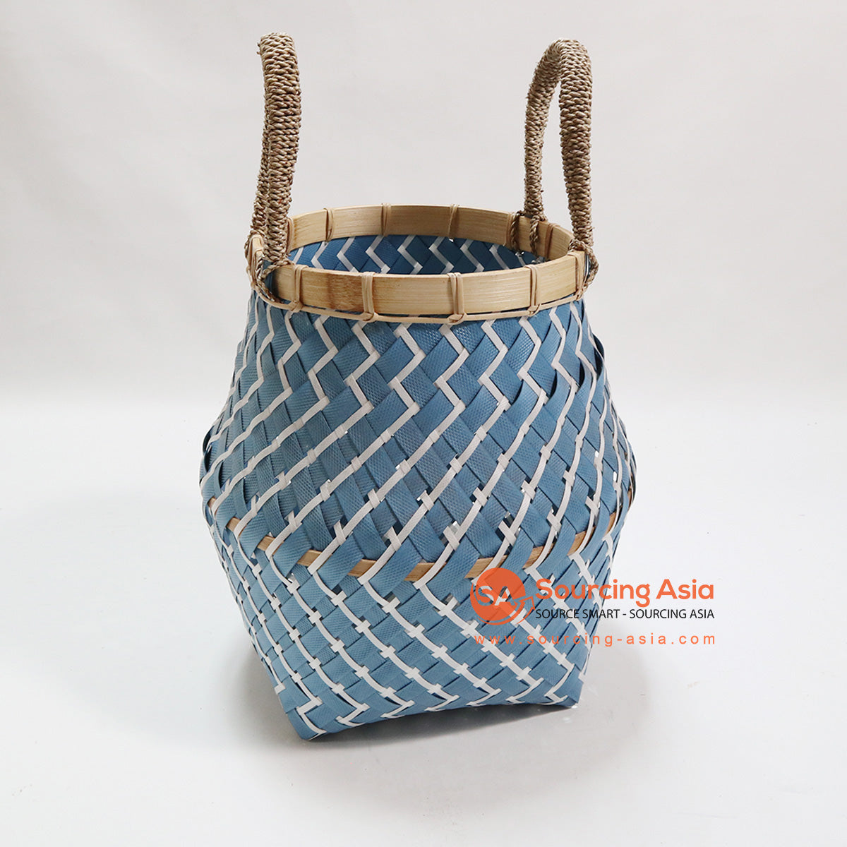 HBSC079 BLUE AND WHITE SYNTHETIC RATTAN BASKET WITH HANDLE