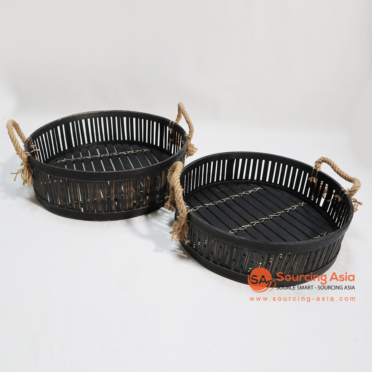 HBSC112 SET OF TWO BLACK BAMBOO TRAYS WITH NATURAL HANDLE