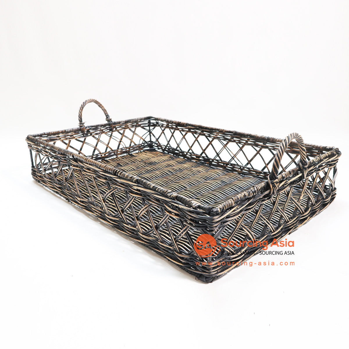 HBSC116 BLACK WASHED ANTIQUE RATTAN TRAY WITH HANDLE
