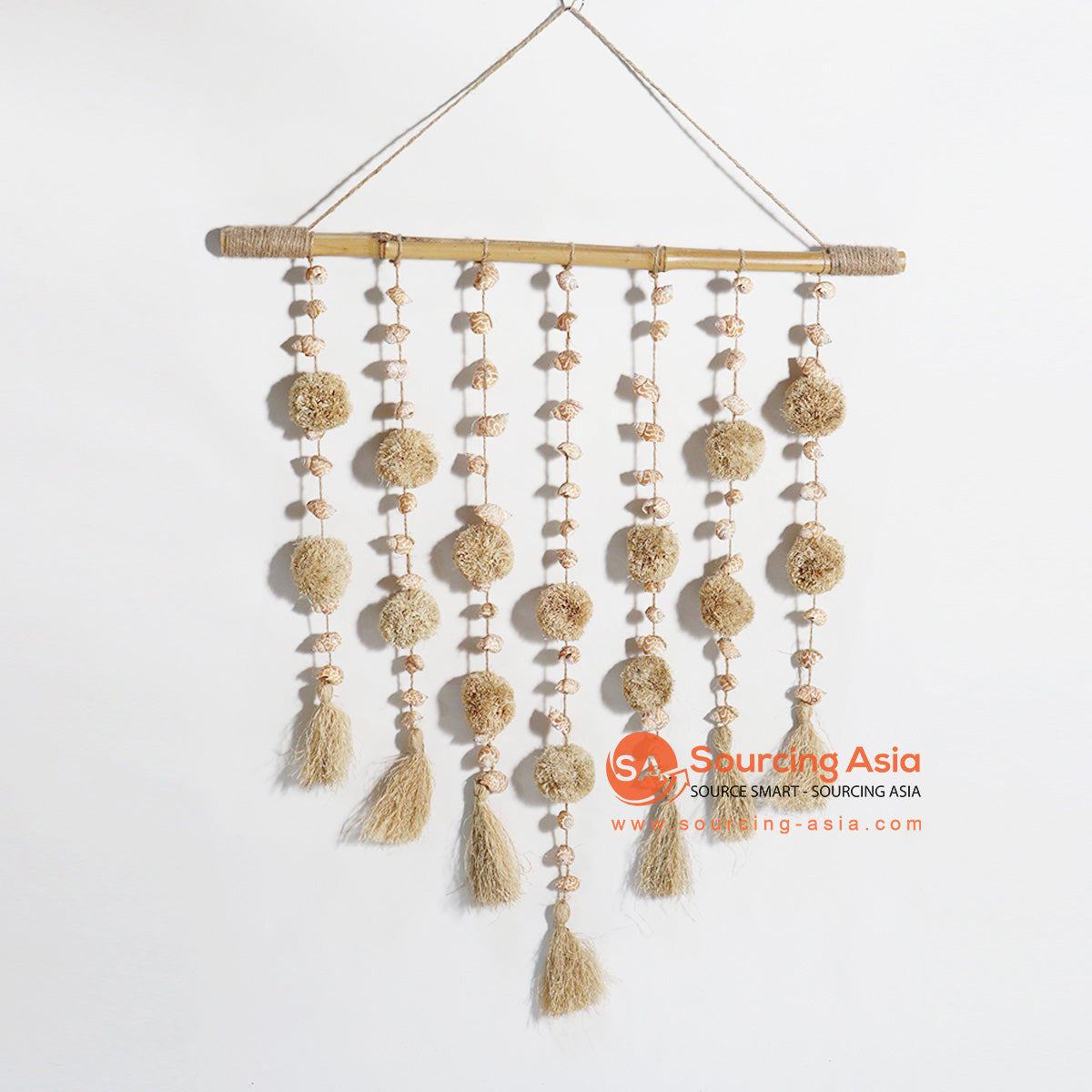 HBSC181 NATURAL POM POM AND TASSELS HANGING WALL DECORATION