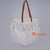 HBSC267 WHITE BURLAP YARN BAG WITH FRINGE AND LEATHER HANDLE
