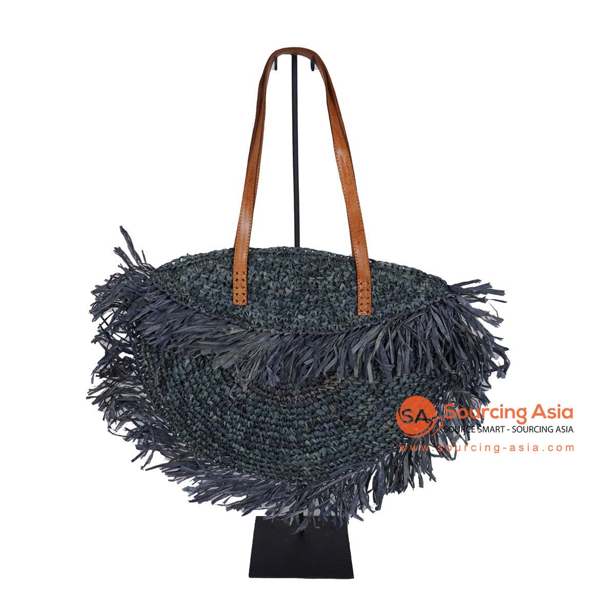 HBSC286-1 BLACK GAJIH BAG WITH FRINGE AND LEATHER HANDLE