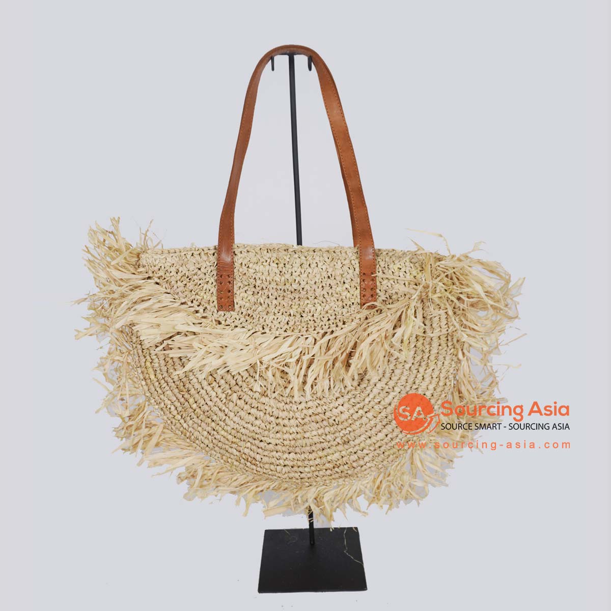 HBSC287 NATURAL GAJIH BAG WITH FRINGE AND LEATHER HANDLE