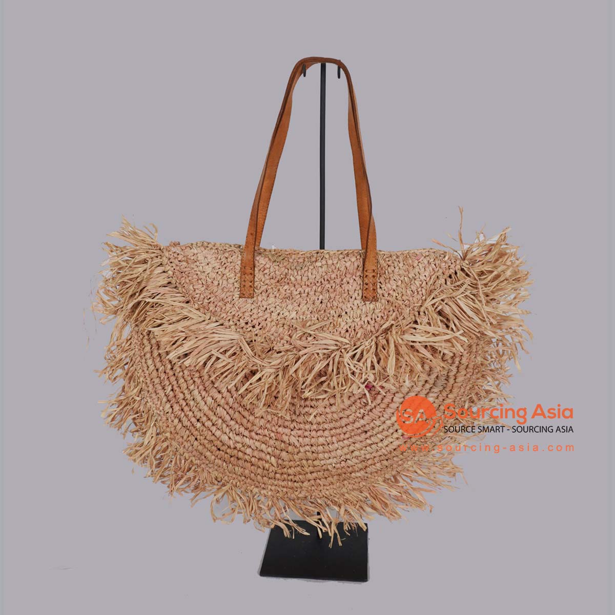 HBSC288-1 NATURAL GAJIH BAG WITH FRINGE AND LEATHER HANDLE